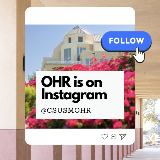 instagram post with text that says "our is on instagram @csusmohr" & a blue "follow us" button