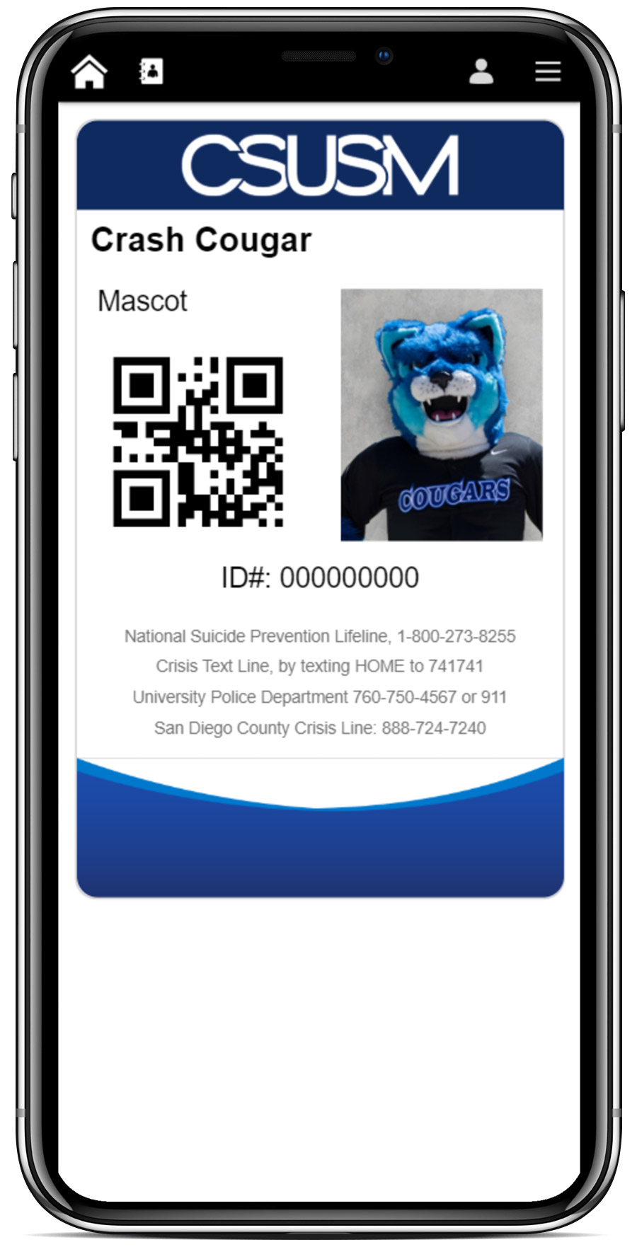 Screenshot of a virtual campus ID card for the Crash Cougar mascot