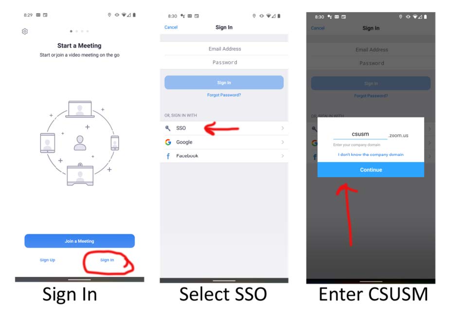 setup screens for zoom on phone using sso