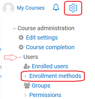 enrollment methods under Users in the course administration block
