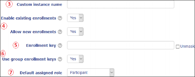 enter custom instance name, choose yes for allow new enrollment, type in an enrollment key, select yes for use group enrollment keys, and set the default assignment role to participant