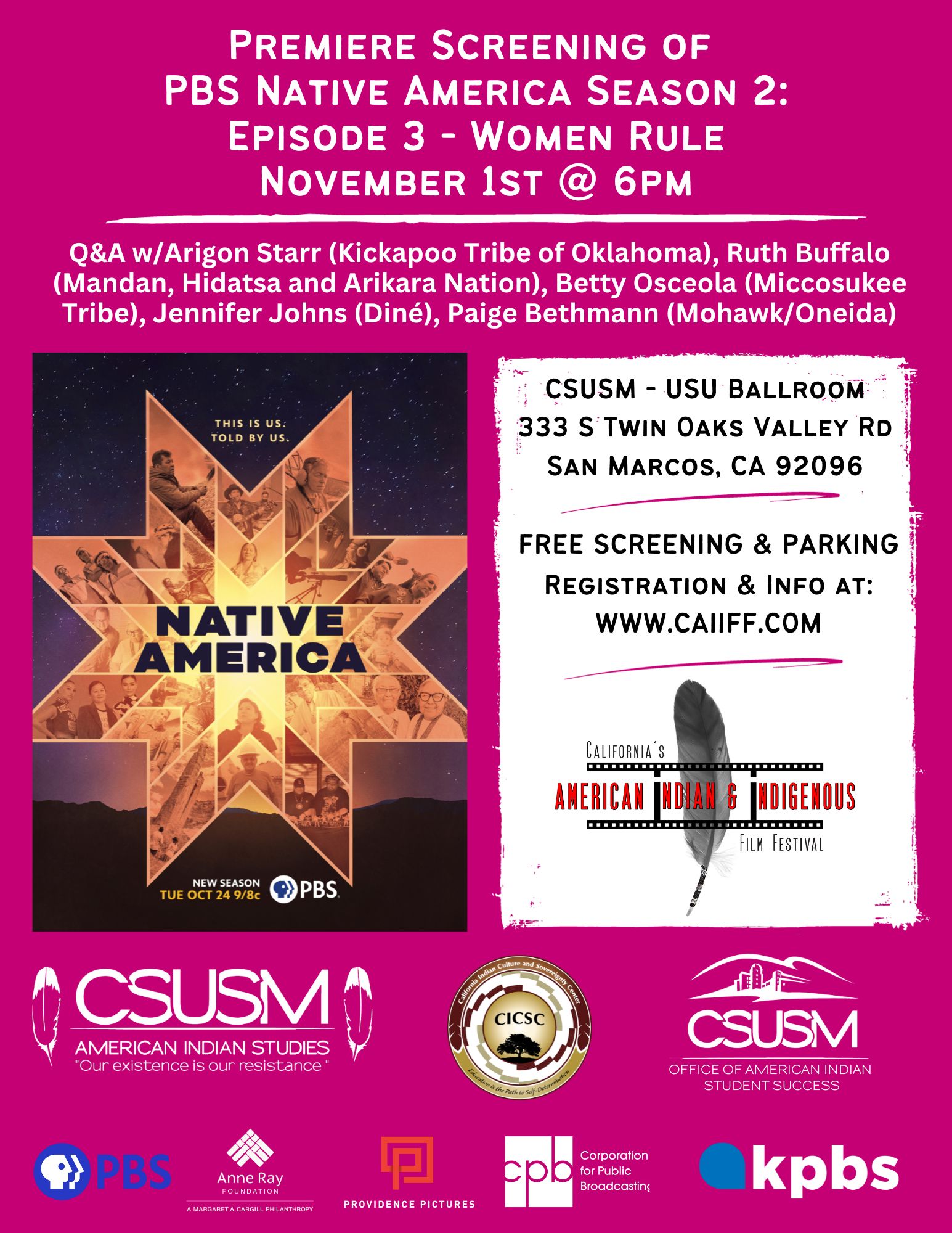 Native America screening flyer with magenta background, an image of the official PBS Native America poster and information about the event