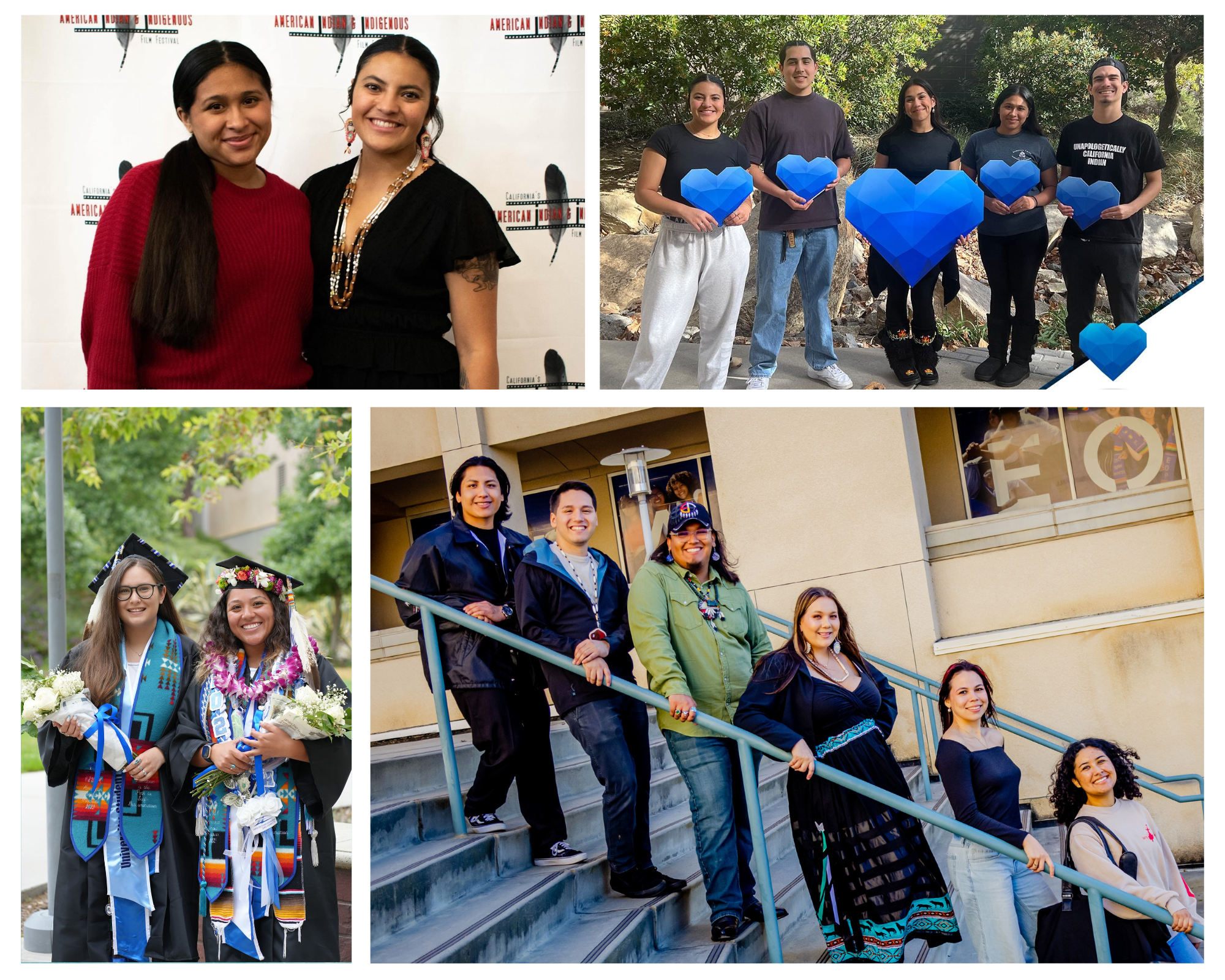 Photo collage of four images showcasing AI/AN students at the American Indian Graduate Honoring Ceremony, posed on outdoor stairs in a professional portrait, holding blue hearts for a giving day image, standing in front of a California's American Indian & Indigenous Film Festival backdrop