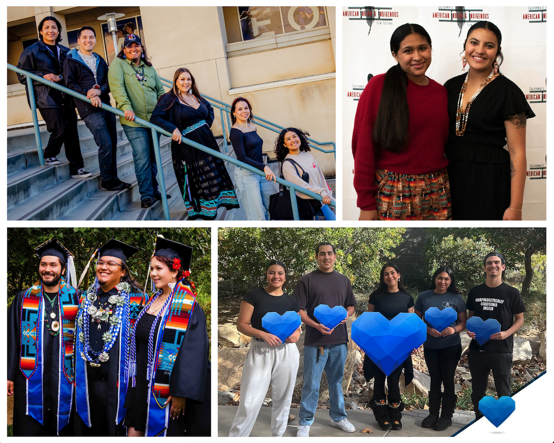Photo collage of four images showcasing AI/AN students at the American Indian Graduate Honoring Ceremony, posed on outdoor stairs in a professional portrait, holding blue hearts for a giving day image, standing in front of a California's American Indian & Indigenous Film Festival backdrop