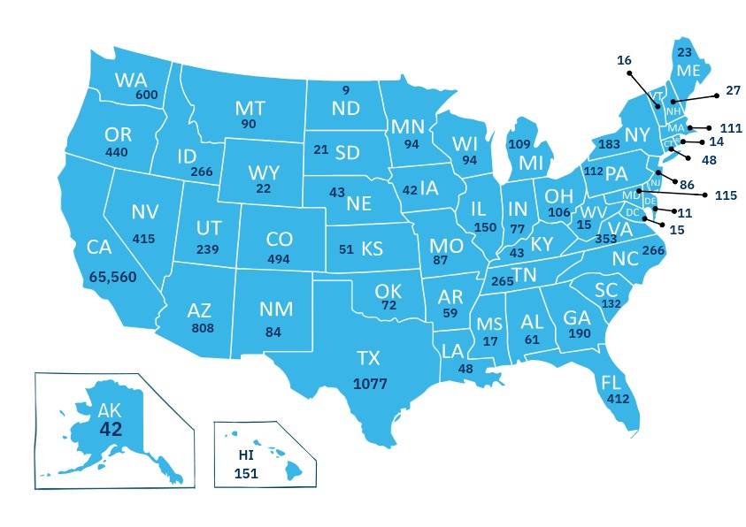 US map with alumni population in each state