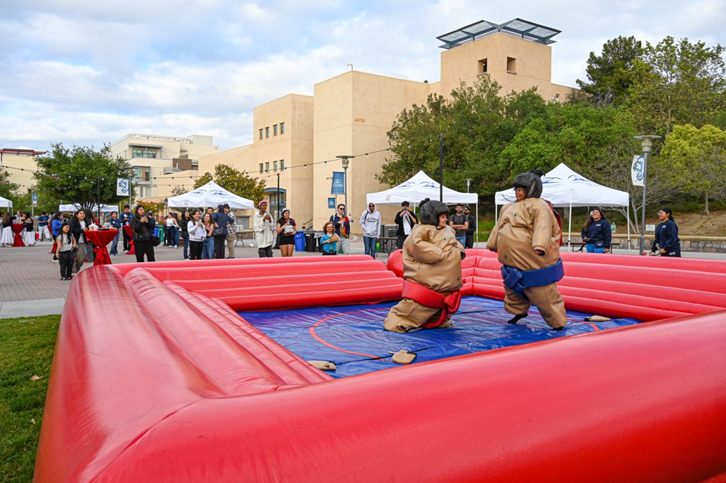 Two participants in inflatable sumo-wrestling suits in an inflatable ring
