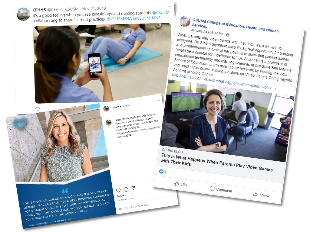 three images of CEHHS social media examples - FaceBook, Instagram, and Twitter