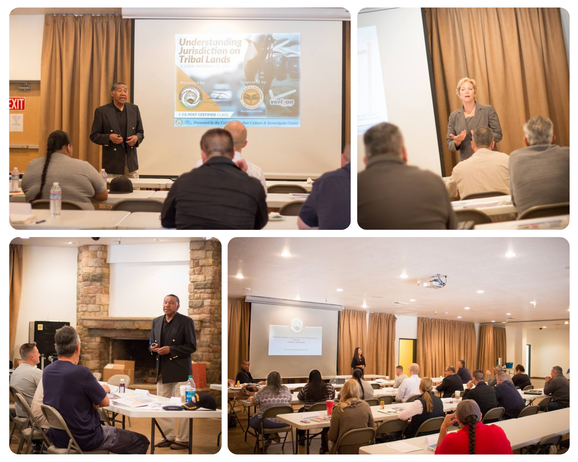 Photo collage with four photos showing PL280 course instructors speaking to participants in the class