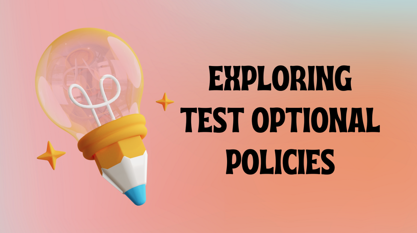 First slide of a presentation with a pink gradient background, a graphic of a pencil with a lightbulb on the end, and the words, "Exploring Test Optional Policies."