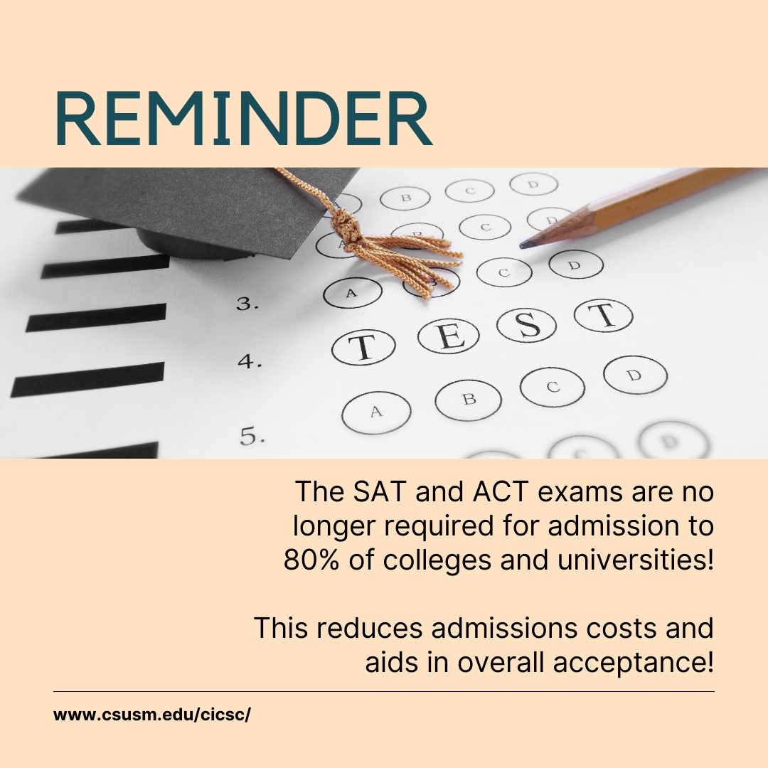 Social media post with a light yellow background with the word, "REMINDER" in large font above an image of a standardized test answer sheet with a pencil and graduation cap on it, and the following text underneath the image, "The SAT and ACT exams are no longer required for admission to 80% of colleges and universities! This reduces admissions costs and aids in overall acceptance!"