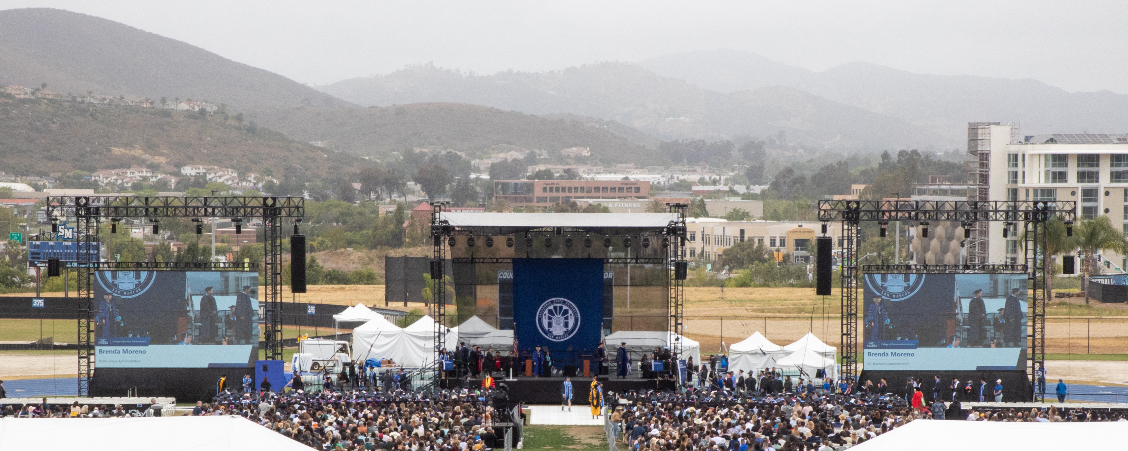 Overhead view of Mangrum Track and Field at CSUSM May Commencement