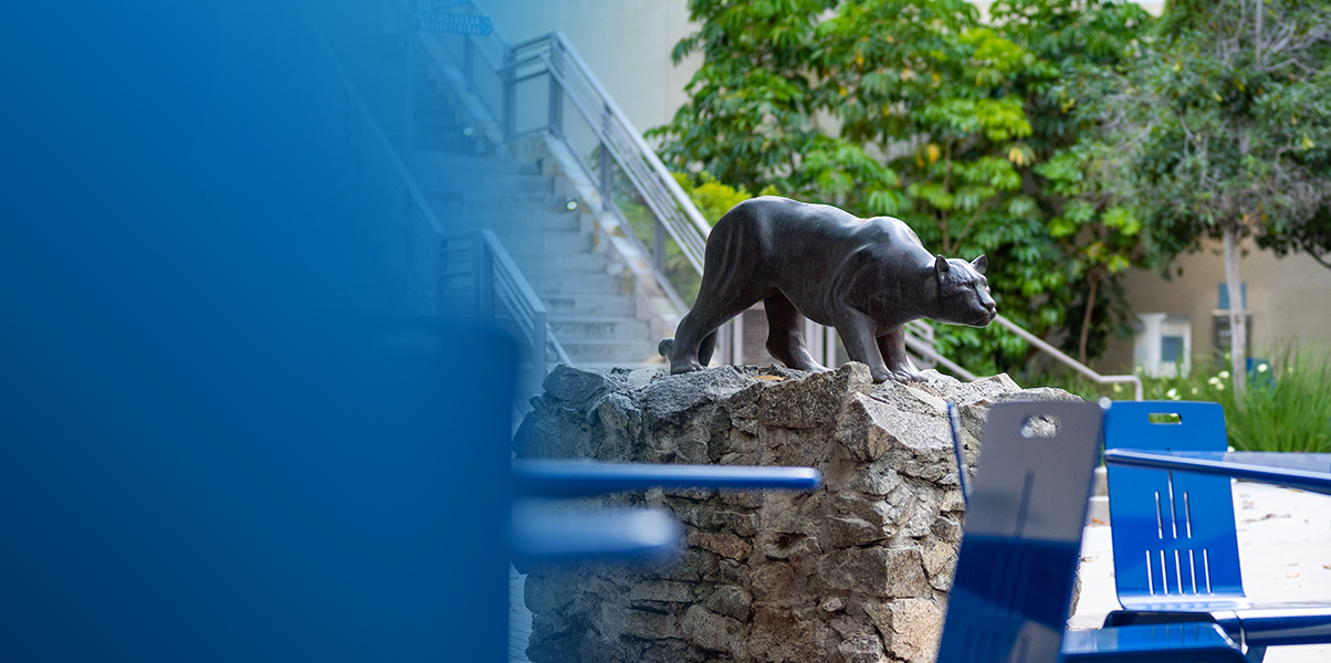 Courtyard with a cougar statue