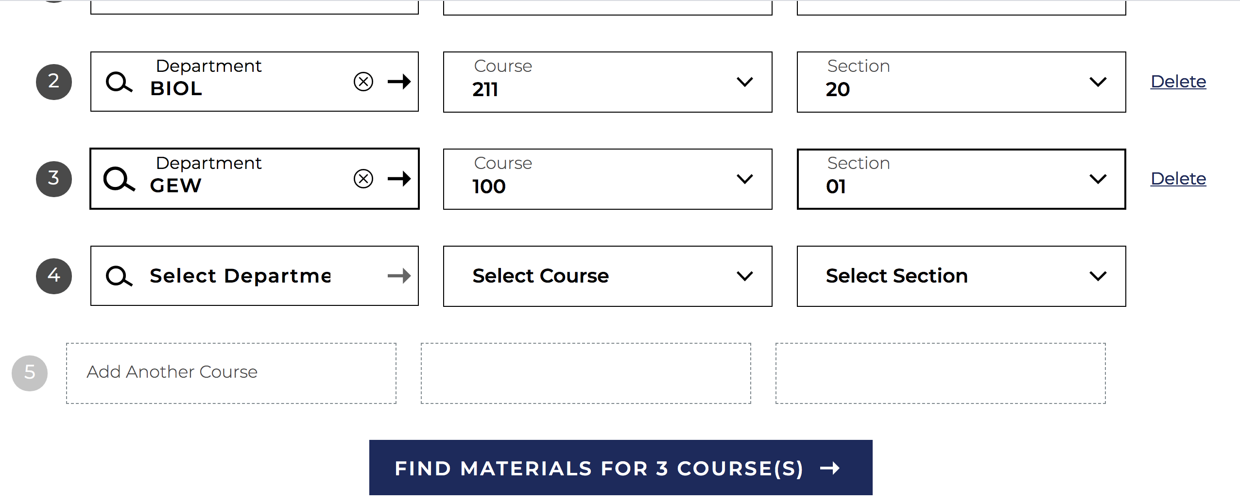A list of courses and "Find Materials" button
