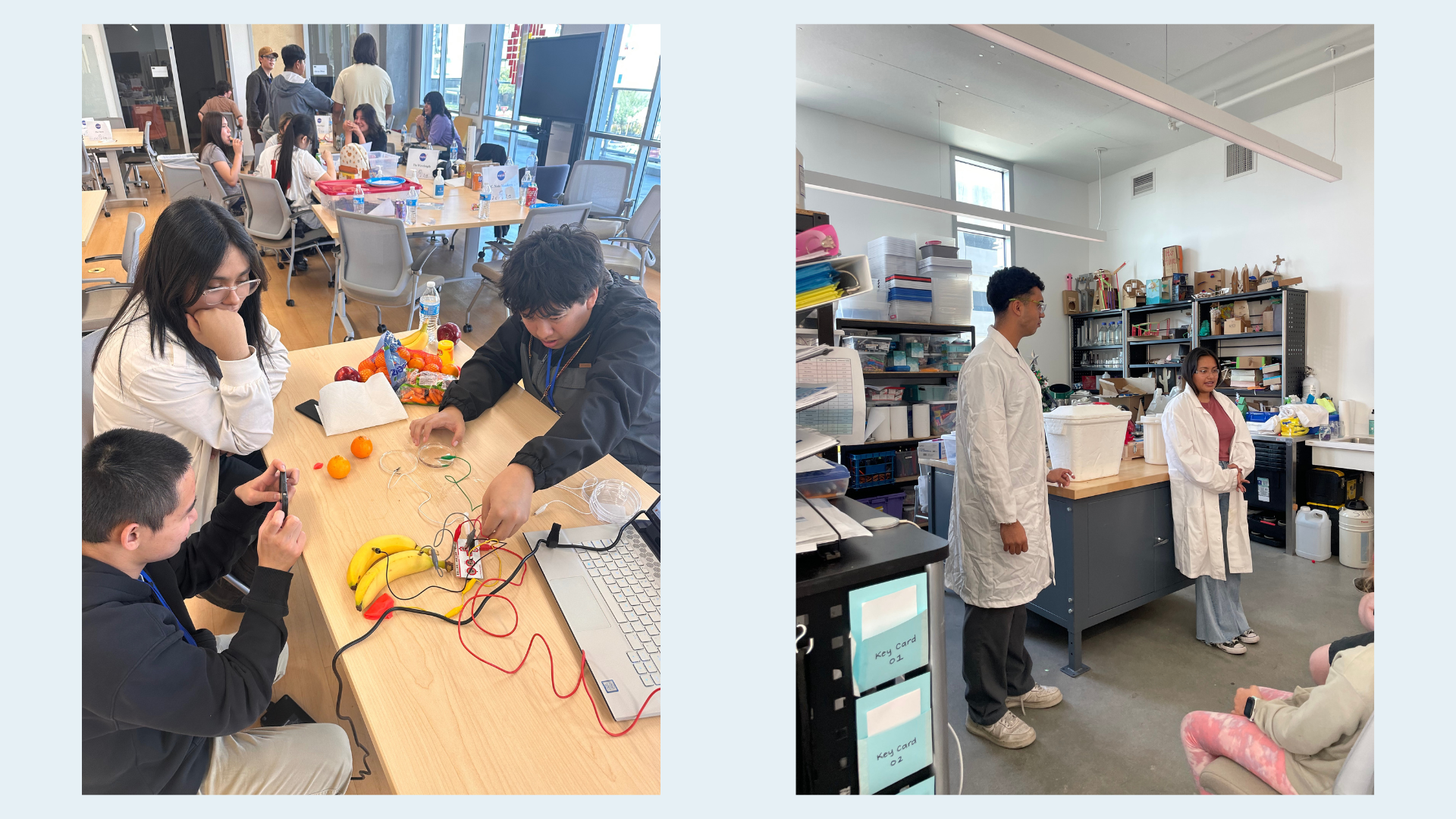 Students exploring MaKey MaKey and STEM ambassadors presneting a liquid nitrogen demonstration 