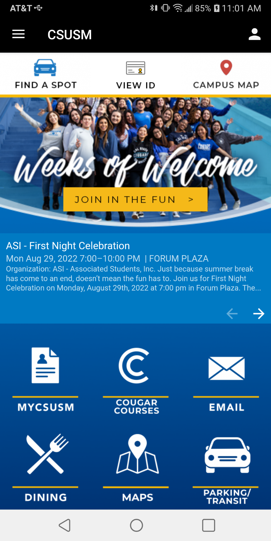 Screenshot of the campus mobile app homepage