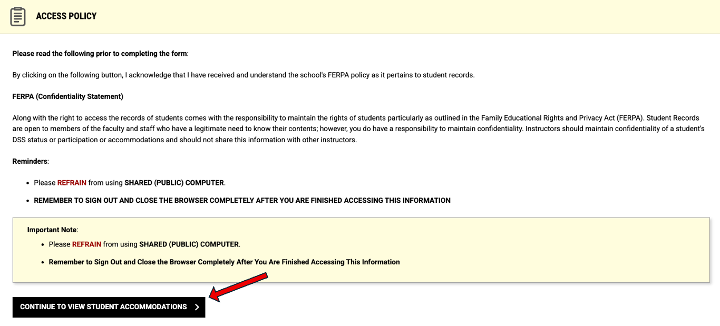 Box with arrow showing where to select the continue to view student accommodation option