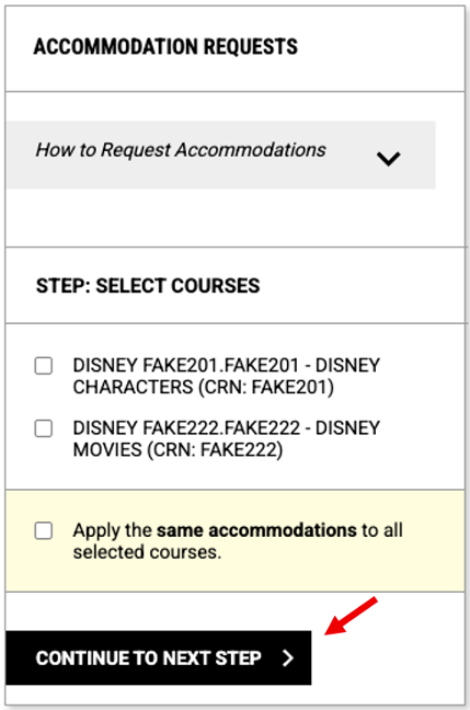 list of courses to select from