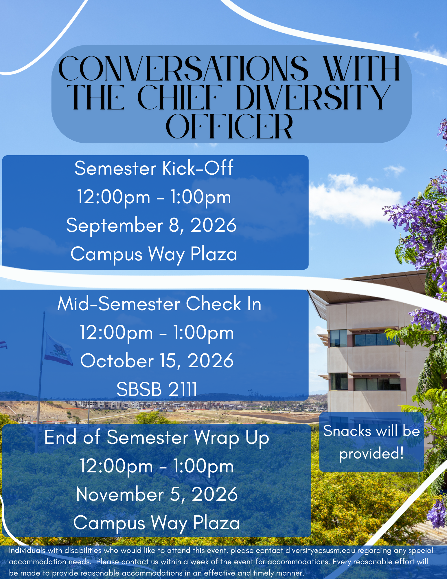 Flyer announcing "Conversations with the Chief Diversity Officer" event series with three sessions scheduled