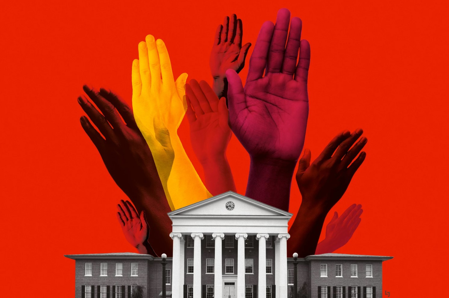 Hands coming out of an educational institution, showing diversity
