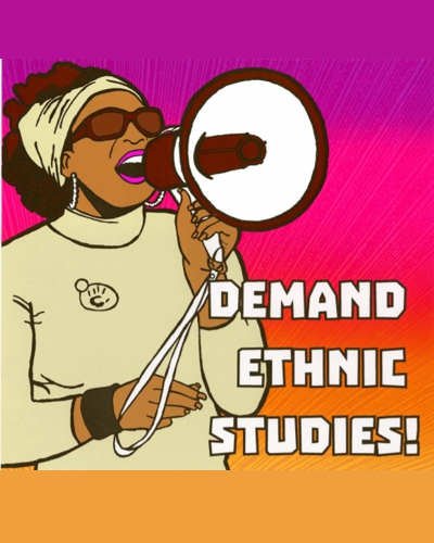 woman with megaphone yelling "demand ethnic studies"
