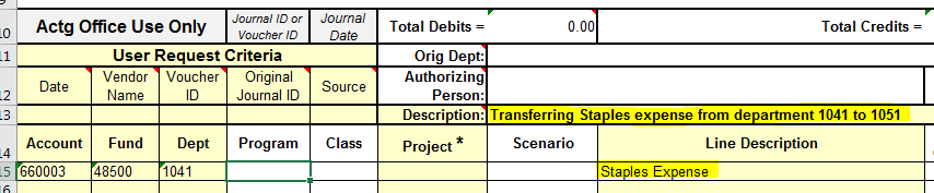 Expenditure Transfer Line Entry Example