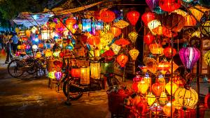outdoor market with many lanterns 