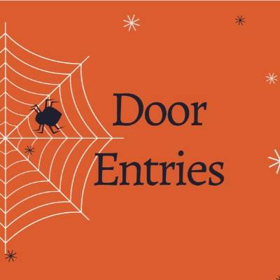 orange background with spider web and spider. text that says "door entries"