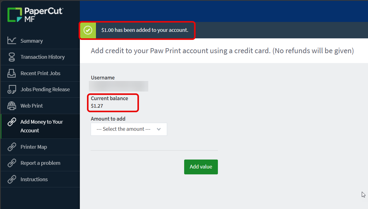 Money added to PawPrint Account