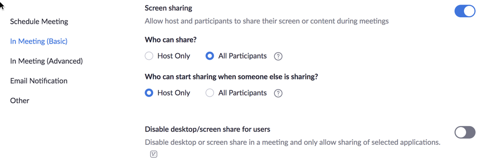 disable participant screensharing during meeting