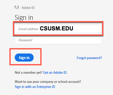 faculty and staff login page for adobe products