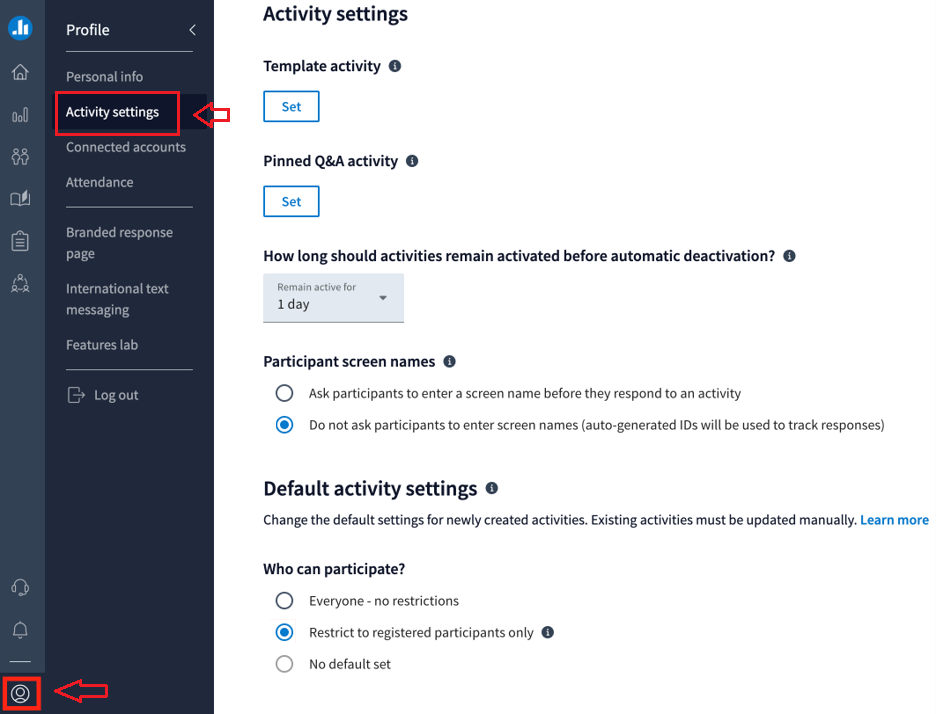 Activity Settings under Profile