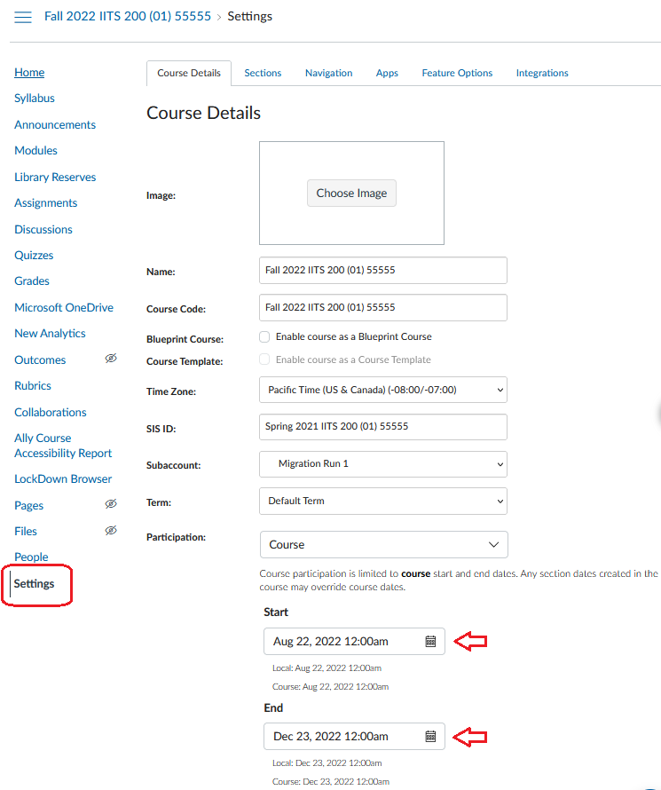 course start and end dates under Settings