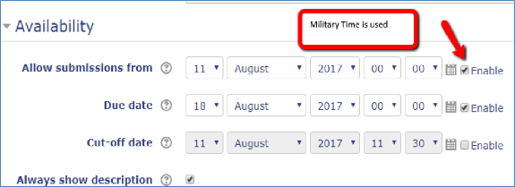 enable start date, due date, and cutoff date