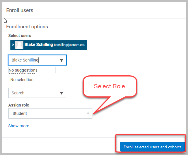assign role, then click Enroll selected users and cohorts