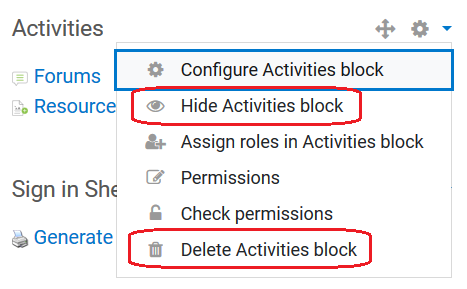 hide or delete options in actions menu for a block