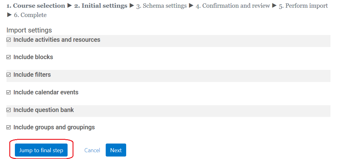 initial settings page, jump to final step button