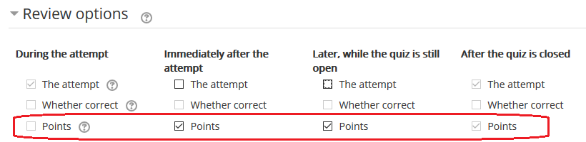 review options section, points checked