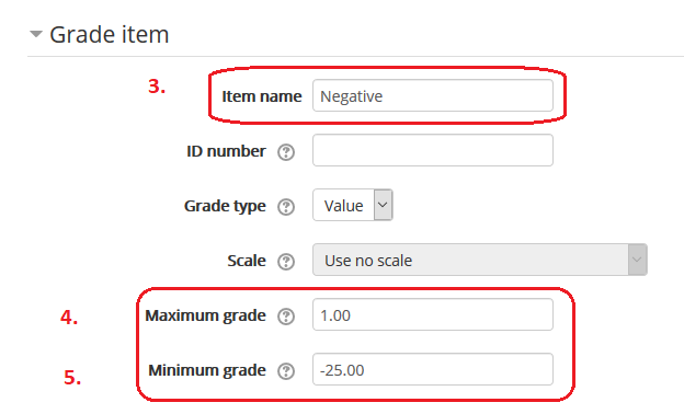 grade item settings including item name, maximum grade and minimum grade