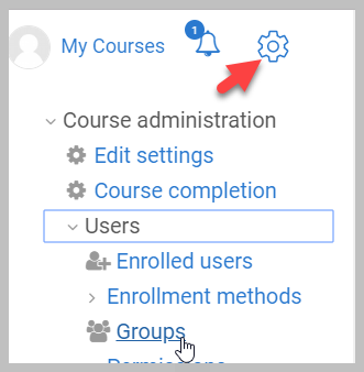 administration settings dropdown, users expanded, groups selected