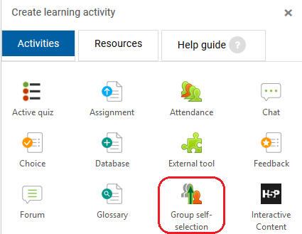 group self selection icon in Create Learning Activity window