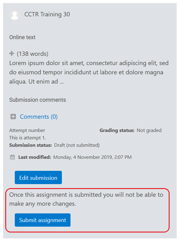 submission status box with "submit assignment" button