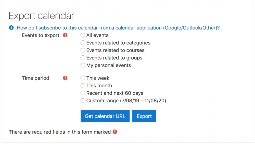 Calendar export options
