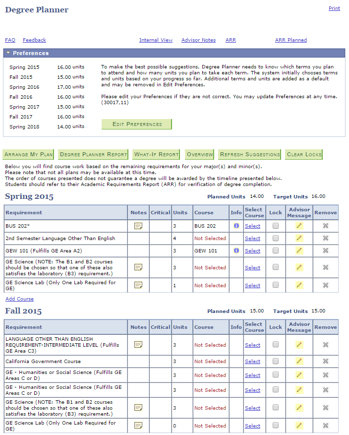 Screenshot of Selection of courses in degree planner