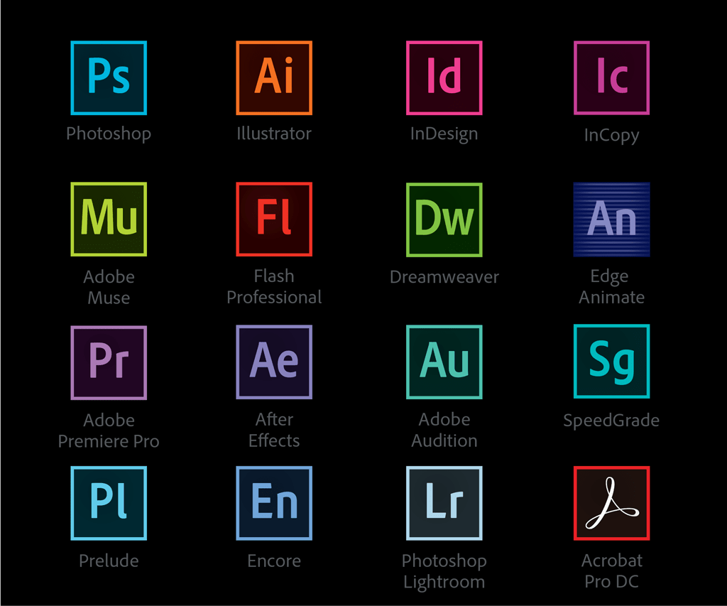 Adobe creative suite program icons.