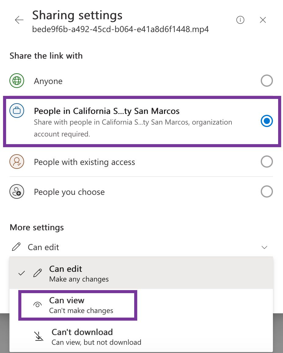 view settings for people in organization or anyone with the link