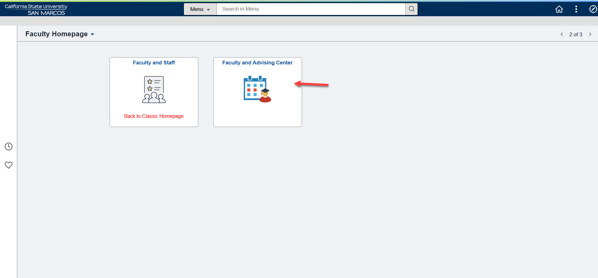screenshot with two boxes or panels and second one is pointed to with 'Faculty and Advising Center'
