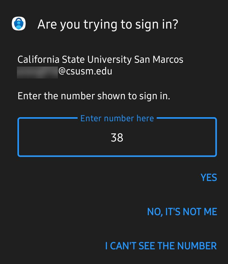 Image depicting the mobile prompt for the user to input the Microsoft-provided two digit code