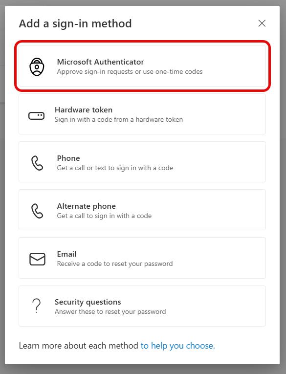 Image depicting Microsoft Security Authentication Methods, selecting Microsoft Authenticator