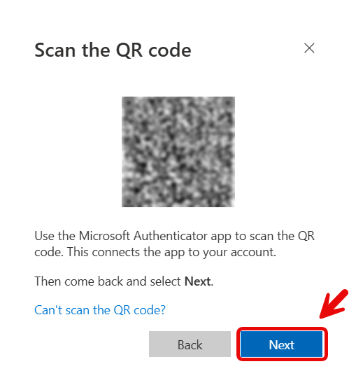 Image depicting the Microsoft Authenticator Scan QR code prompt, to link their account with their mobile device