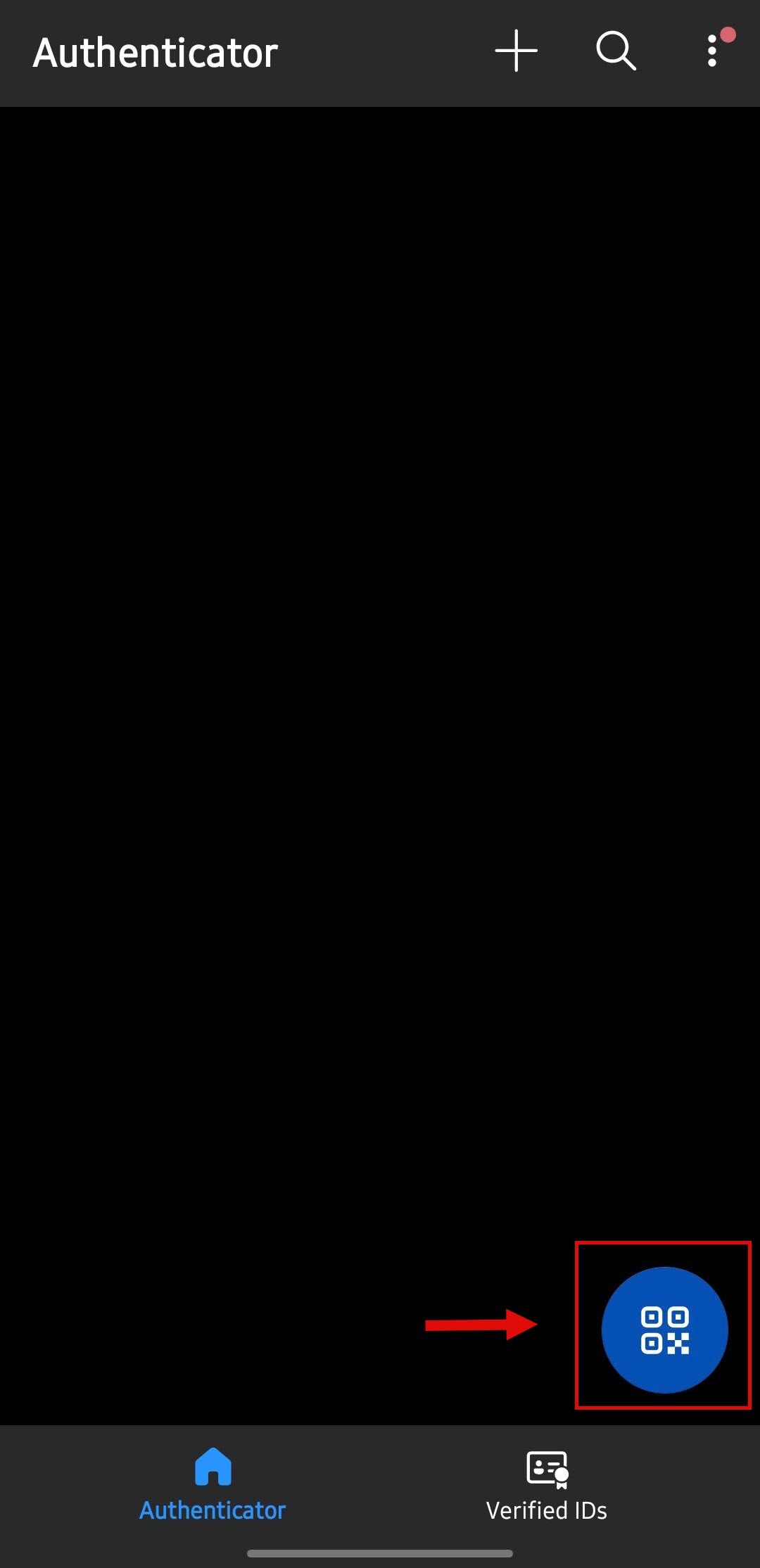 Image depicting the Microsoft Authenticator Mobile Application, with the Scan QR code option circled in the bottom right